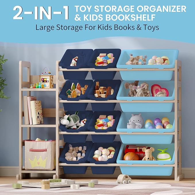 Toy Storage Organizer - Toy Organizers and Storage with Bookshelf, Toy Storage Shelf with 3 Shelves and 12 Storage Bins, Kids