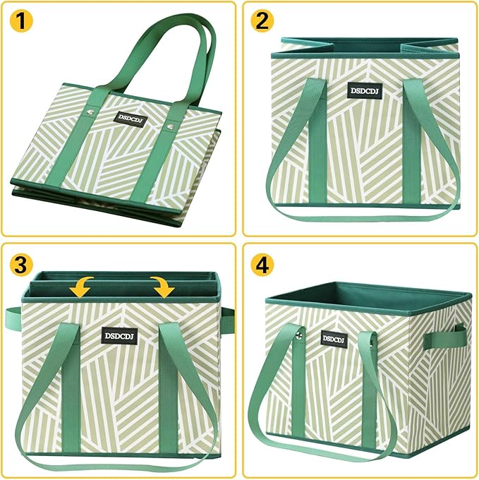 Reusable Grocery Bags 3 Pack - Heavy Duty Reusable Shopping Bags with Hard Bottom & Long Handles, Foldable Utility Tote Bag with Box Shape to Stand Up, 13x10.23x11in, Twill Green