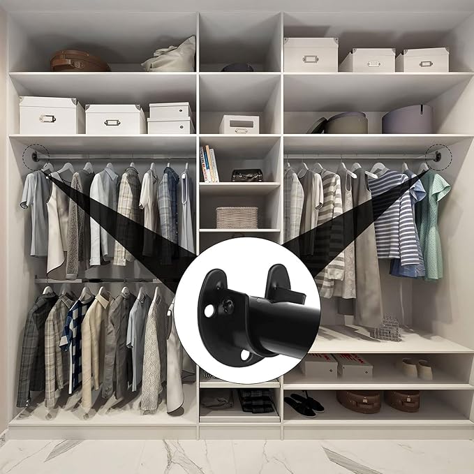 RHBLME 10PCS Stainless Steel Closet Rod Brackets Black, 1-1/4 Inch Diameter U-Shaped Closet Rod Holders, Heavy Duty Closet Ro