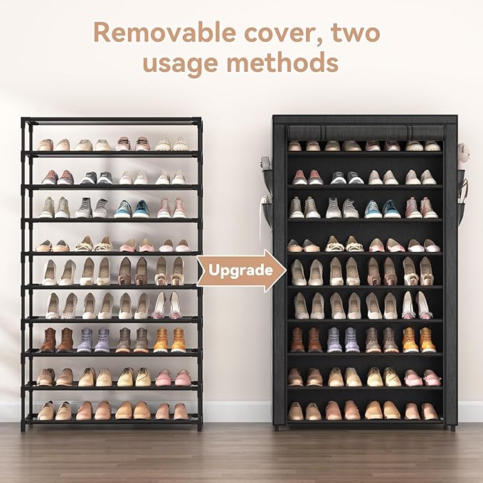 LANTEFUL Shoe Rack with Covers - 10 Tiers Tall Shoe Rack Organizer Large Capacity Shoe Shelf Storage 40 Pairs Space Saving Ve