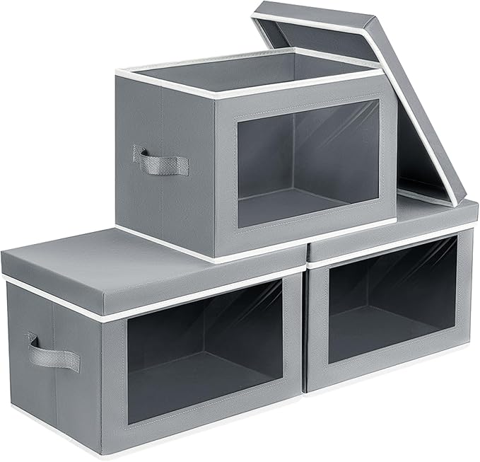 Homsorout Decorative Bins with Lids - Stackable Cube Bins for Closet, 3 Pack Clear Windows Fabric Organizer Bins, Home Organi