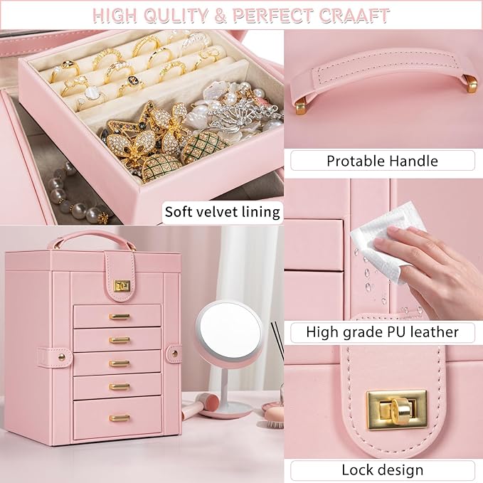 AKOZLIN Large Jewelry Box Organizer Functional with Big Mirror, Leather Jewelry Storage Case for Women Girls Ring Necklace Ea