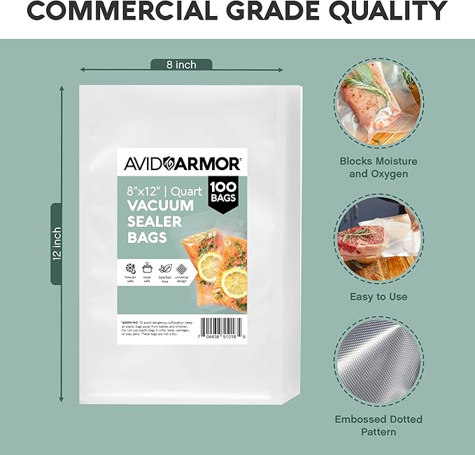Avid Armor Vacuum Sealer Bags Quart 8x12 Inch 100 Pack for Food Saver, Seal a Meal Vacuum Seal Machines, Commercial Grade Hea