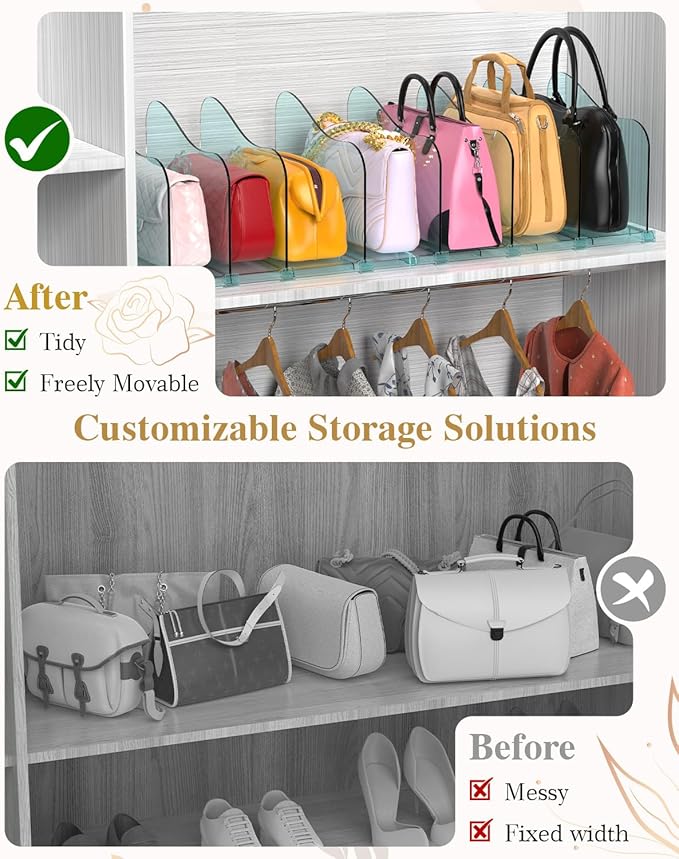 SURETIVIAN Rose Purse Dividers for Closet, 2 Pack Clear Clutch Purse Closet Organizers, Adjustable Handbag Storage Organizers