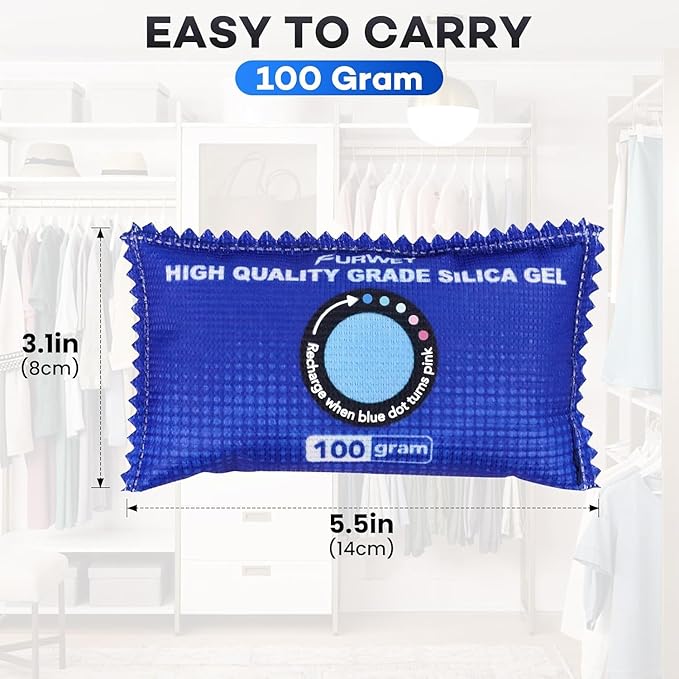 2 Pack Rechargeable Desiccant Packs, 100g Each, Blue, Color Indicating Silica Gel Dehumidifier Bags for Storage, Closets,