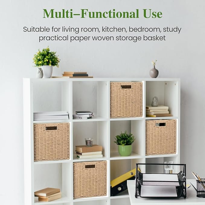 Woven Wicker Storage Baskets 2-Pack, 11x11 Handwoven Paper Rope Organizer Bins, Foldable Cube Storage Cubes with Built-in Han
