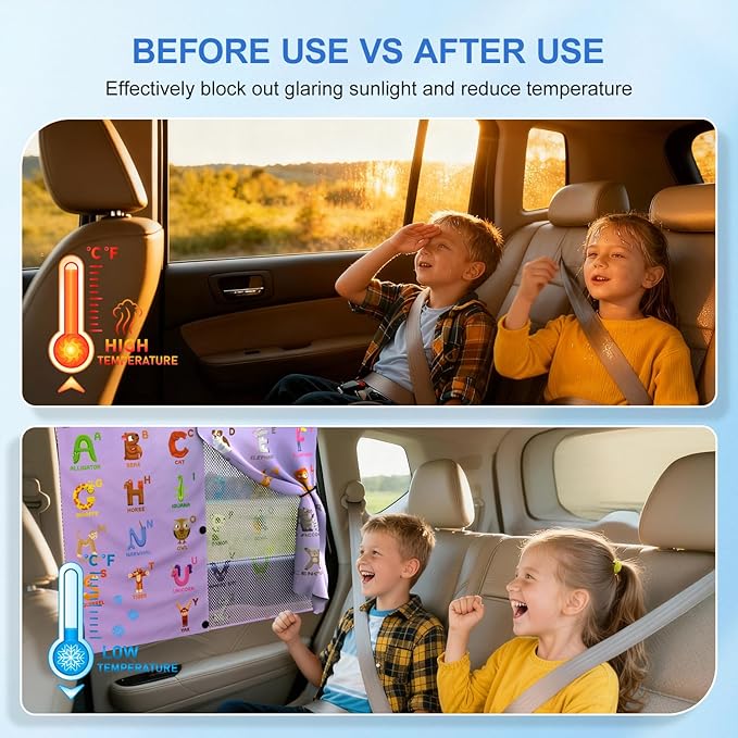 Car Window Shades with 8 Magnets-26.8"x19.7" Car Rear/Side Window Sunshade for Baby Semi-Transparent 2-in-1 Universal Auto Sun Shade for Kid & Pet Protection (2 Pack) Animal Alphabet Education