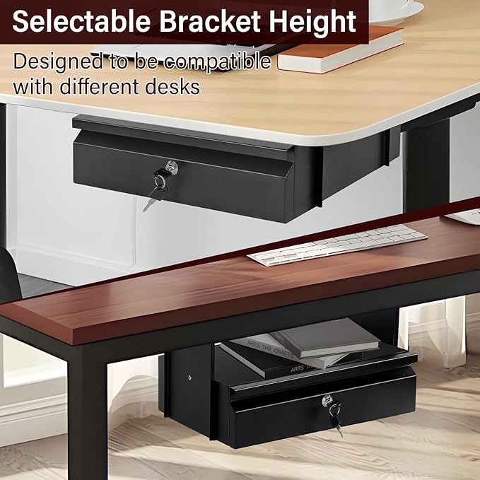 Under Desk Drawer 15.7" x 11.8" x 4.3", Under Desk Pull Out Drawer with Lock and Keys, 4.3” & 7.5” Optional Bracket Height, S