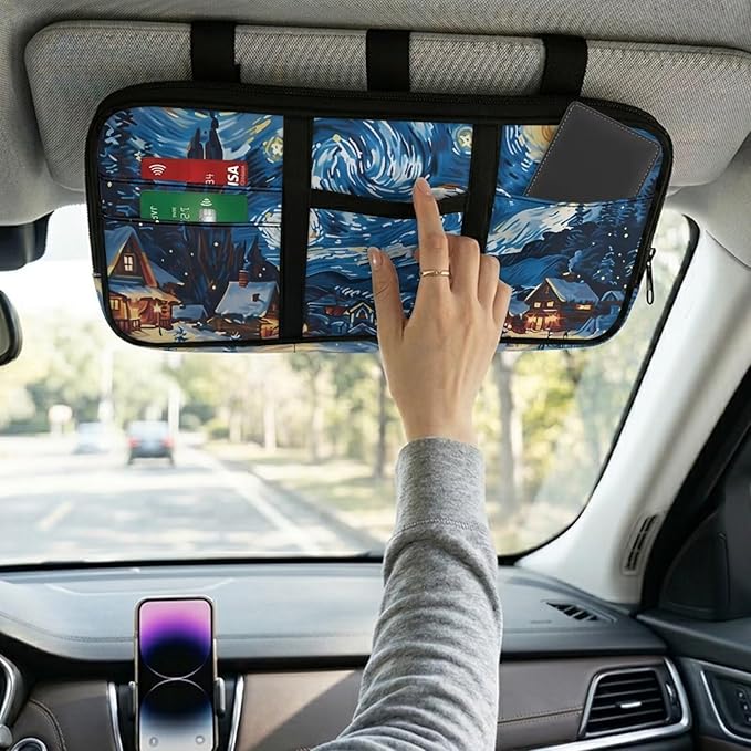 Town Print Car Sun Visor Storage Bag Pocket Organizer Car Storage Pouch Holder with Multi-Pocket Net Zipper Auto Interior Accessories