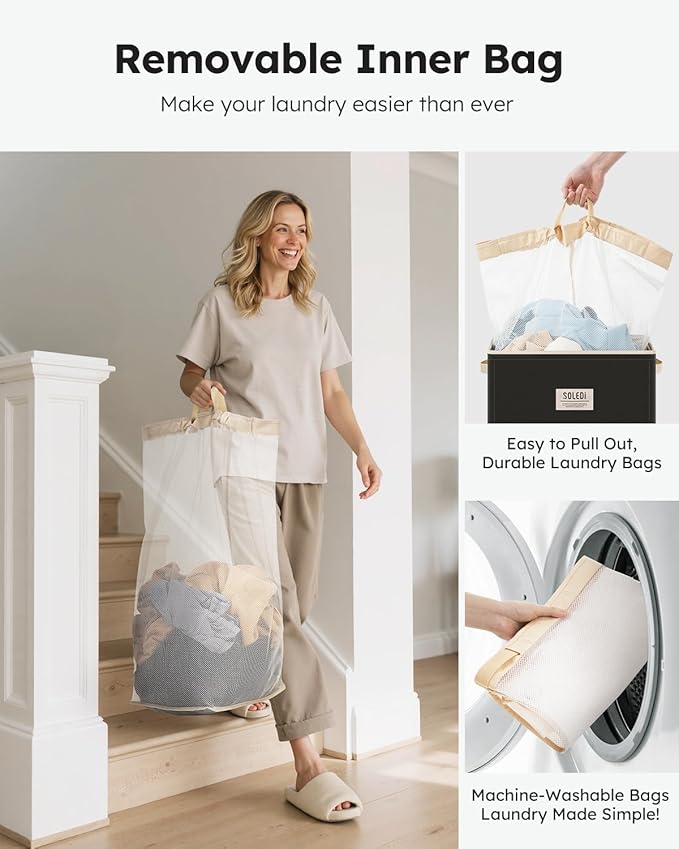 SOLEDI Laundry Hamper with Lid 100L Large & Tall Collapsible Laundry Basket, Clothes Hamper with Bag Removable Easy to Carry,