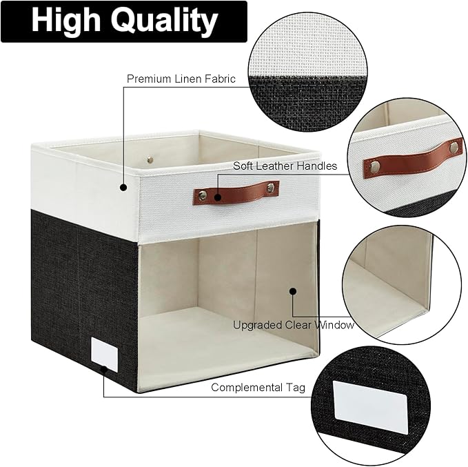 Bagnizer Storage Cubes, 4 Pack Linen Foldable Storage Bins (13 x 13 inch) with Clear Window and Handles, Fabric Organizer for