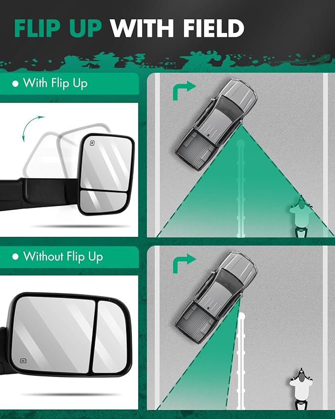 SCITOO Towing Mirrors Compatible With 2009-2015 For Dodge For Ram 1500 2010-2015 For Dodge For Ram 2500 3500 Pickup Truck A Pair(Left Right Side) Power Adjusted Heated No Turn Signal Black Housing