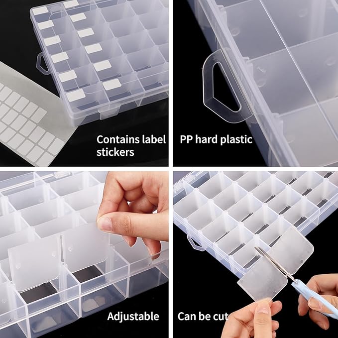 OUTUXED 2 Pack 36 Grids Clear Plastic Bead Organizer Box, Fishing Tackle Box Compartment Organizer with Adjustable Dividers f