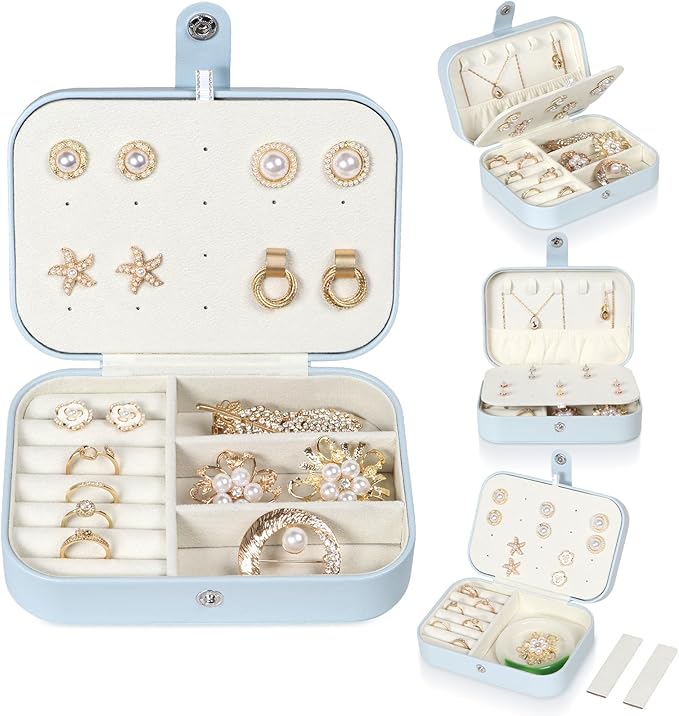 Hatori Travel Jewelry Box, PU Leather Small Jewelry Organizer for Women Girls, Double Layer Portable Mini Travel Case Display
