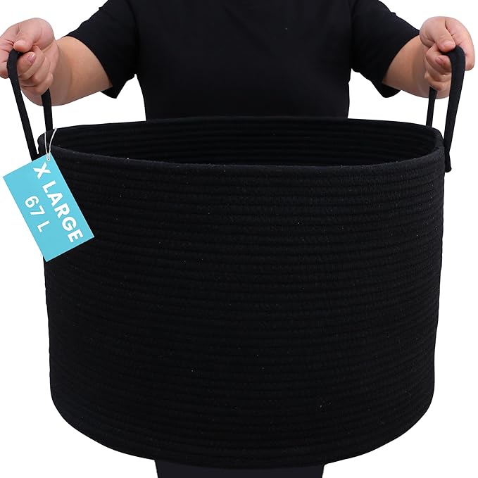 OrganiHaus Large Woven Storage Basket for Blankets and Toys 20" x 13" Inch, Rope Laundry Basket with Handles, Cushions & Pill