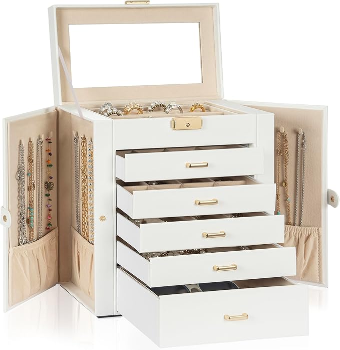 AKOZLIN Large 6-Tier Jewelry Box Lockable Leather Jewelry Storage Case with 5 Drawers for Women Girls Ring Necklace Earring B
