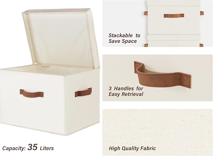 StorageWorks Fabric Storage Bins with Lid, Decorative Storage Boxes for Shelves, Stackable Closet Organizer Basket with Handl