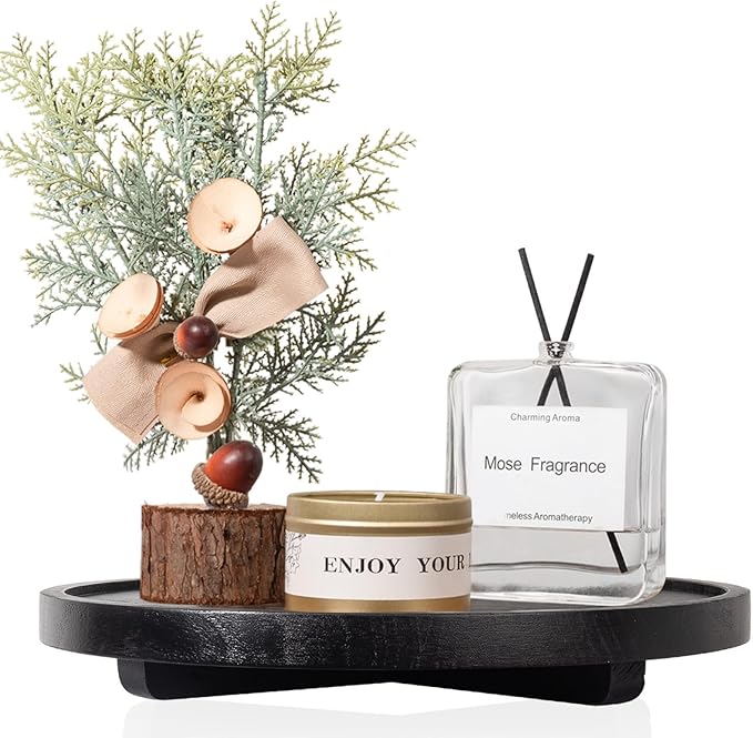 Round Decorative Tray Wood Bathroom Counter Organizer Farmhouse Kitchen Decor Wooden Riser for Soap Dish, Perfume, Candle, Sp