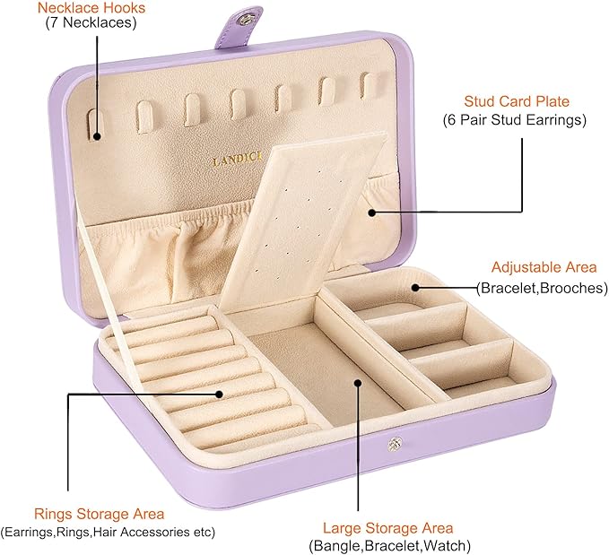 LANDICI Small Jewelry Box for Women Girls, PU Leather Travel Jewelry Case, Portable Jewelry Organizer Storage Holder Display 