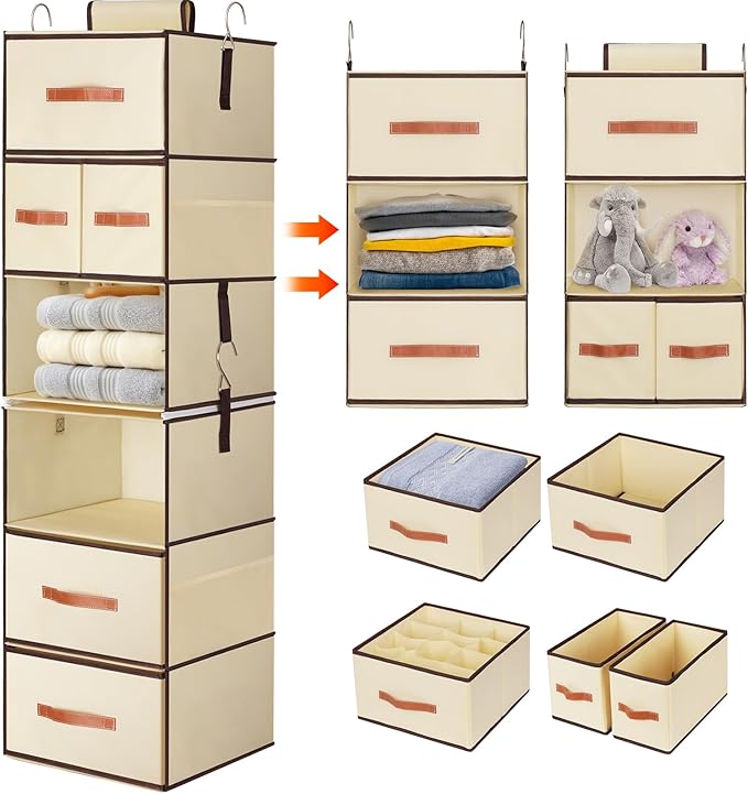 Hanging Closet Organizer 6-Shelf, Upgrade Hanging Shelves for Closet with 5 Removable Drawers & Side Pockets, Hanging Shelf O