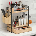 2-Tired Bathroom Counter Organizers and Storage, Bathroom Countertop Organizer with Drawer, Solid Wood Skincare Perfume Organ