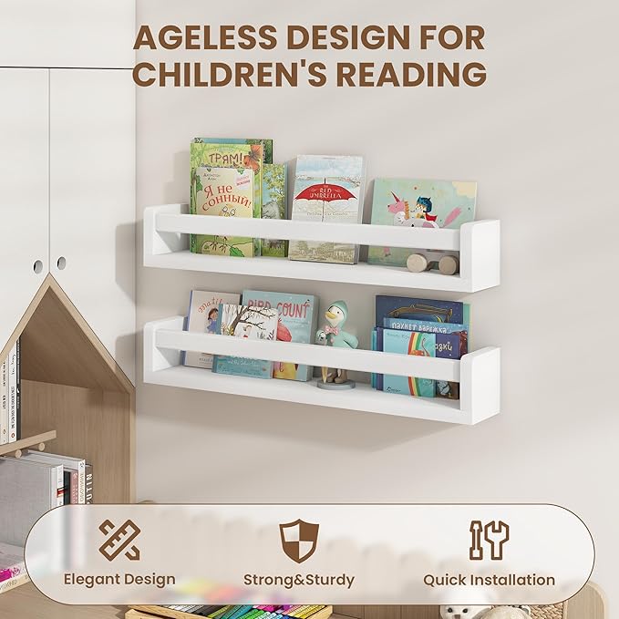 Fun Memories Nursery Book Shelves Set of 4, 24 Inch Solid Wood Wall Book Shelves, Kids Room Floating Shelves Organizer & Toy 