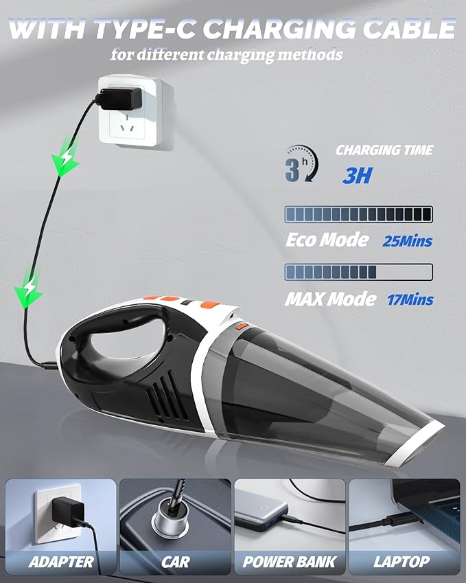 BRL Handheld Vacuum Cordless, Brushless Car Vacuum Cleaner with 12000PA Powerful Suction, 2 Suction Modes Mini Hand Vacuum, D