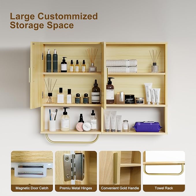 Bathroom Wall Cabinet Wood Large Wall Mounted Medicine Cabinet with 2 Doors and 4 Open Shelves Over Toilet Storage Cabinet Or