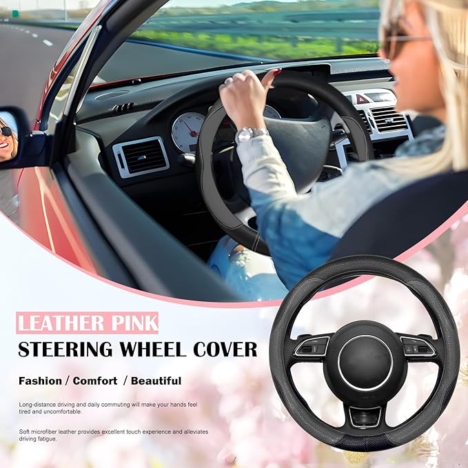 SuperKaKa Gray and Black Car Steering Wheel Cover 2025, Universal Auto PU Cute Breathable Slip-Proof Comfort Imitation Leathe