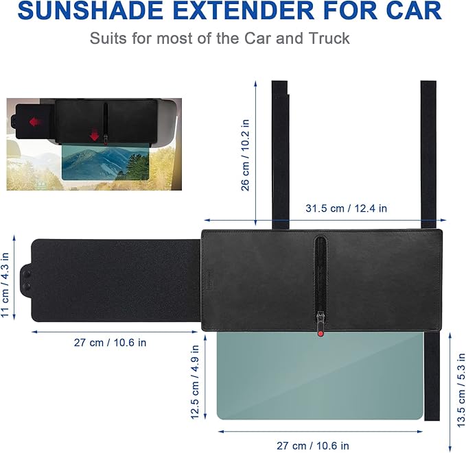 Veharvim Sun Visor Extender for Car with 2 Side Sunshade, Polarized UV400 Visor Extender Attachment for Car Visor with PC Lens,Anti-Glare for Safe Driving (2 Side Panel) (Red Zipper, Passenger Side)