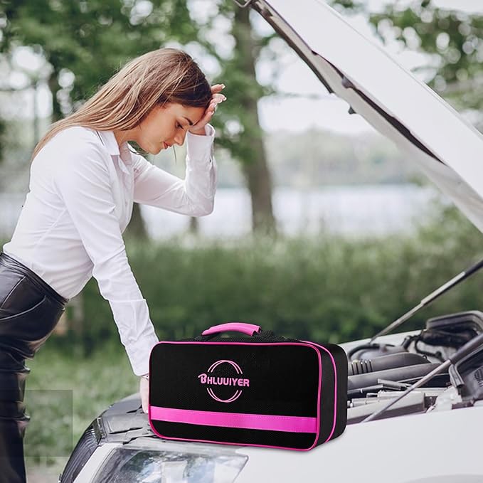 Car Emergency Kit, Pink Roadside Emergency Car Kit with Jumper Cables, Tow Rope, Safety Hammer, Pink Car Accessories for Wome