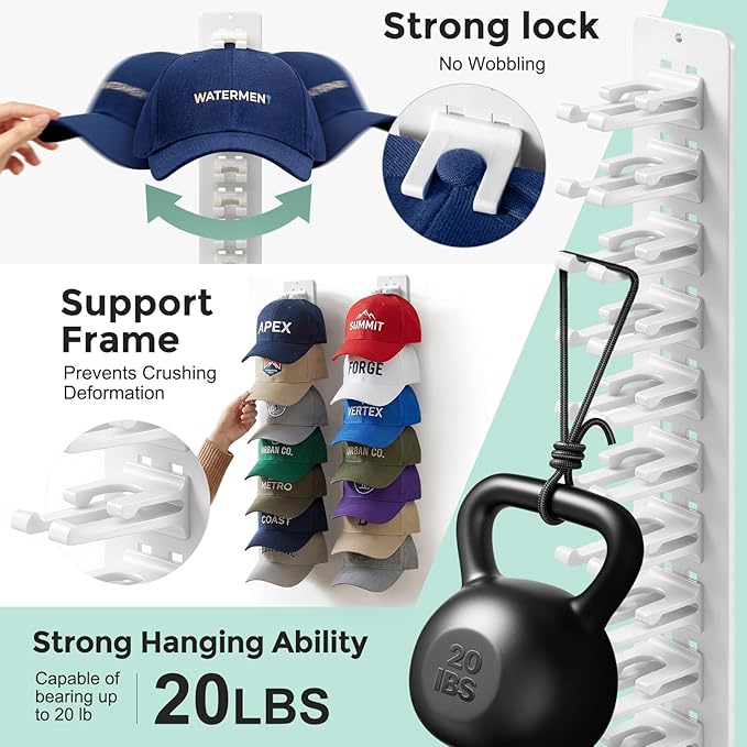 2 Pack Hat Organizer for Baseball Caps,Detachable DIY Hat Rack for Wall Hold Up to 22 Hats,Baseball Cap Organizer Cap Holder 