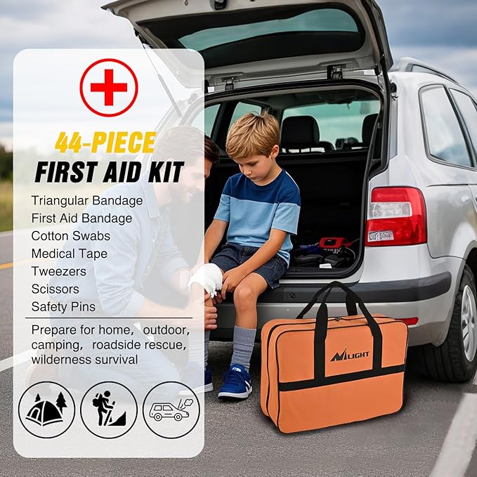 Nilight Car Emergency Kit with Jumper Cable Air Compressor Tire Repair Essential Tools First Aid Alligator Connector Electric