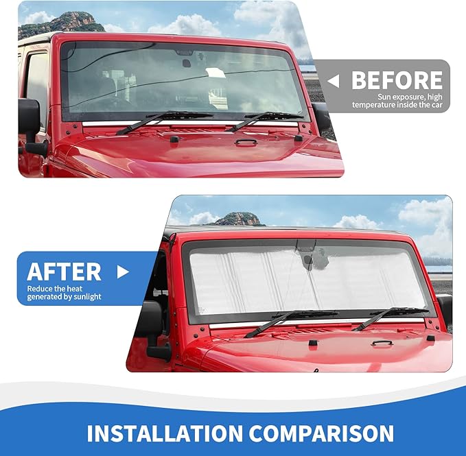 JK Windshield Sunshade, 8PCS Side Window Sun Shade Compatible with 2007-2017 Jeep Wrangler JK 4-Door