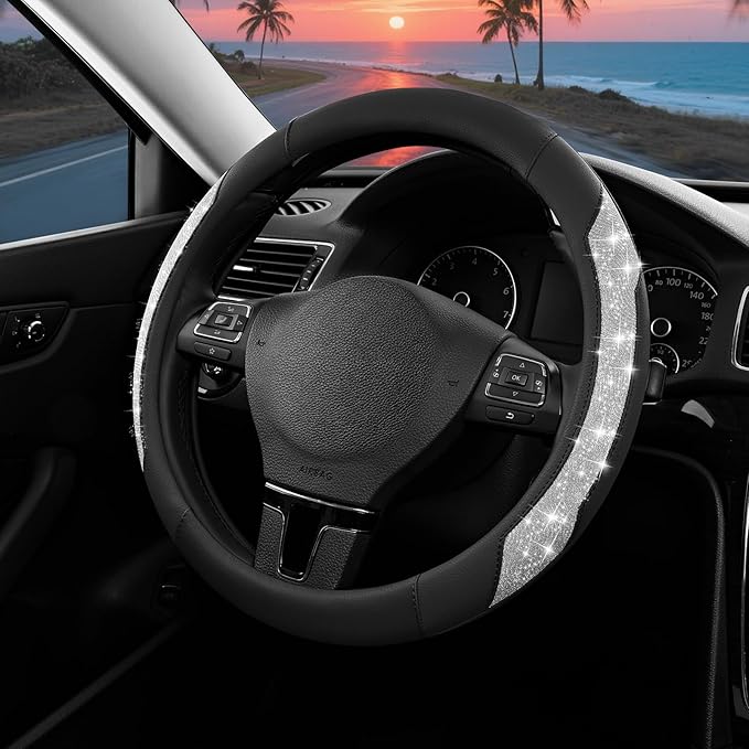PIC AUTO Steering Wheel Cover, Silver Sparkly Crystal Bling Glitter with Leather, Universal Fit 14.5"-15.5" Car Steering Whee