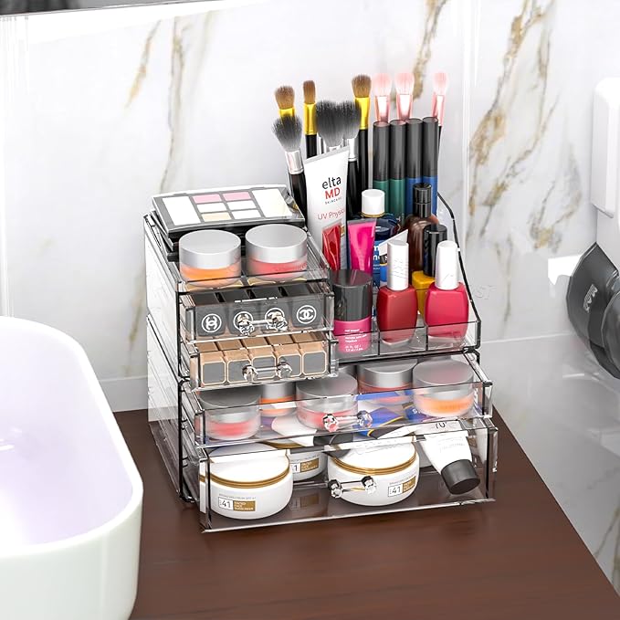 Small Make up Organizers and Storage with 4 Drawers,Clear Skincare Organizers,Cosmetic Storage for Dresser Top Organizer,Bath