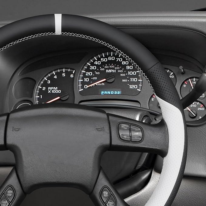 MEWANT Hand Stitch Steering Wheel Cover for Chevy Silverado 1500 2003-2006 Black White Faux Leather Steering Wheel Wrap