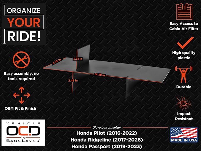 Vehicle OCD - Glove Box Organizer for Pilot (2016-2022) / Ridgeline (2017-2026) / Passport (2019-2023) - Made in USA - SLX146