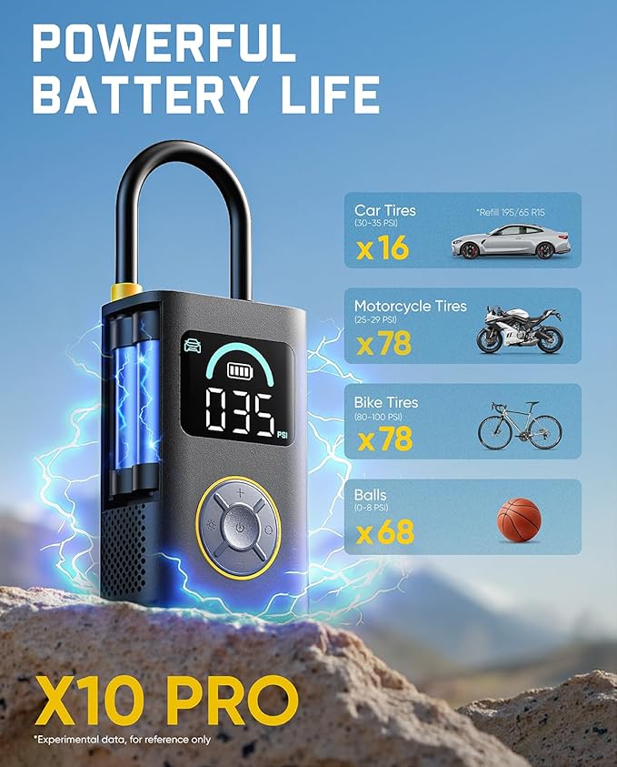 Fanttik X10 Pro Portable Tire Inflator for Compact Car, 35s Fast Inflation Air Compressor with Digital Pressure Gauge and Powerful Battery, 150PSI Cordless Air Pump for Cars, Motorcycles, Bikes, Balls