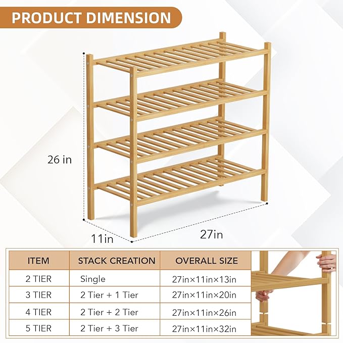 4 Tier Bamboo Shoe Rack Storage Organizer for Closet, Multifunctional Stackable Free Standing Shoe Shelf Organizer for Small 
