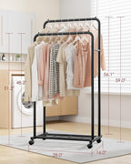 Sakugi Clothes Rack - Clothing Rack with Storage Mesh Shelf & Casters, Heavy-Duty Metal Clothing Rack for Hanging Clothes, Dr