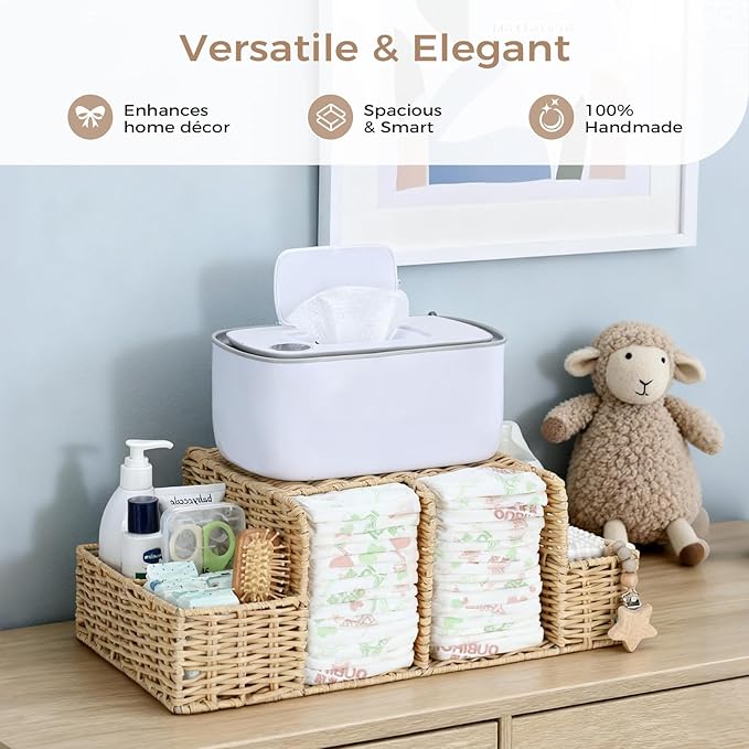 Diaper Caddy Organizer, Hand Rattan Nursery Storage Basket for Baby Essentials, Baby Changing Table Organizer Perfect Nursery