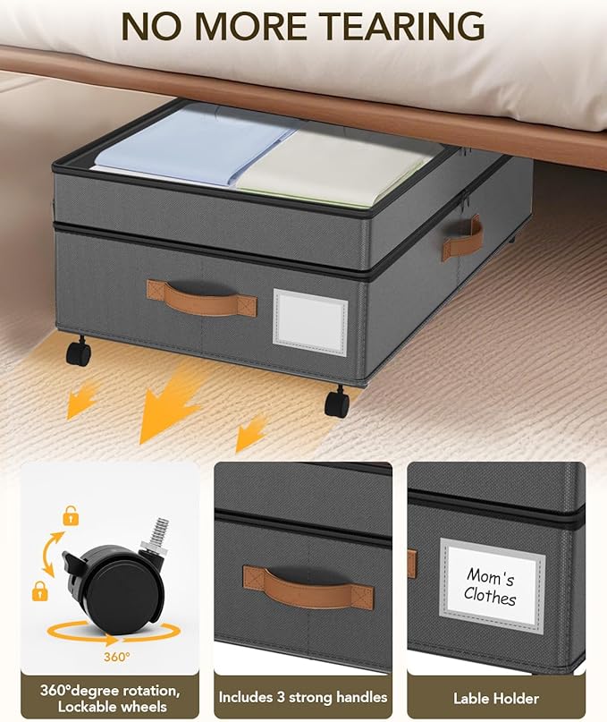 4 Pack Under Bed Storage with Wheels, Adjustable Height Storage Containers, 10 inches Large Capacity Rolling Underbed with Li