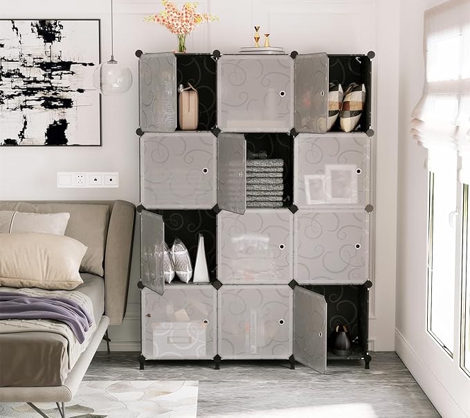 AWTATOS 12 Cube Storage Organizer with Doors, DIY Plastic Closet Shelf, Modular Bookshelf, Stackable Shelving Rack for Bedroo