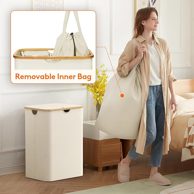 Lifewit 150L Laundry Basket with Lid, Clothes Hampers for Laundry with Bamboo Handles and 2 Removable Bag, Large Foldable Lau