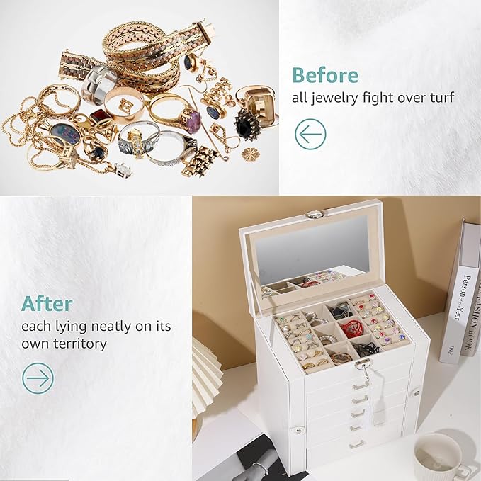 BOOVO Jewelry Box For women, 6 Layer Large Jewelry Organizer With Mirror, Multi-Function Storage Box With Lock, Accessory Hol