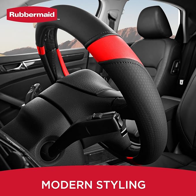 Rubbermaid Steering Wheel Cover – Universal Fit 14.5"–15" Steering Wheel Cover, Anti-Slip Grip, Breathable Leather, All-Seaso