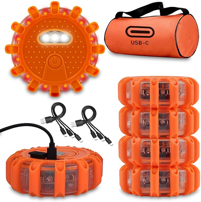 USB-C Rechargeable LED Road Flares Emergency Lights-Large Capacity (Lithium Battery) 3 in 1 Cable Roadside Warning Car Safety