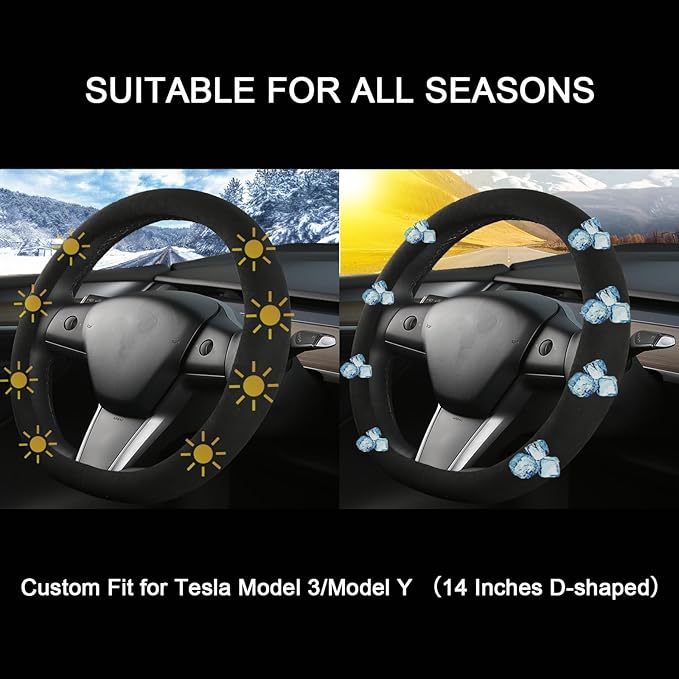 Suede Steering Wheel Cover for Tesla Model 3/Y, Anti Heat, Breathable, Anti-Slip, Leather Steering Wheel Cover 14-14 1/4 in (35.5-36 cm) (Black-01)