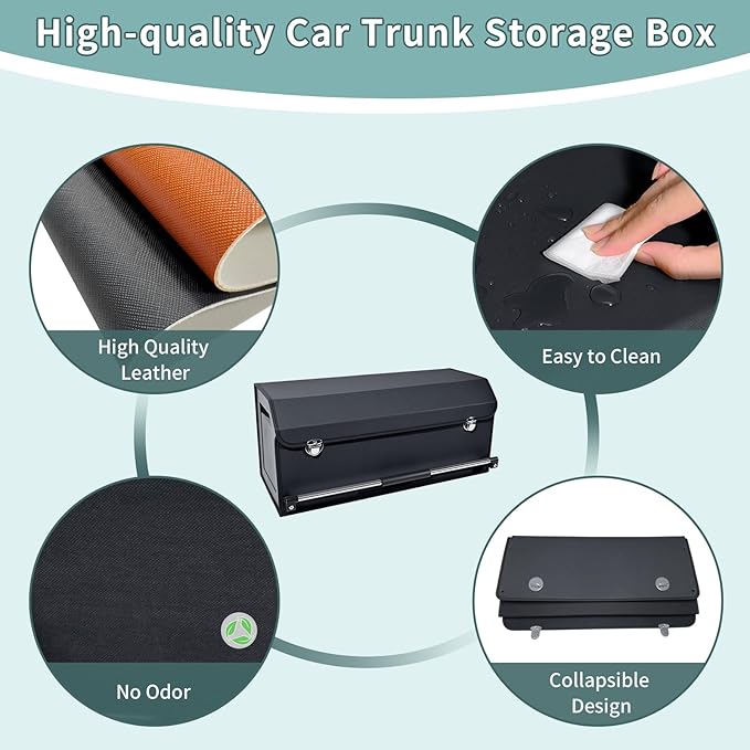 XCF Car Organizer Trunk, Durable Collapsible Leather Trunk Organizer with Lid and Sturdy Handle, Auto Cargo Storage Compartment